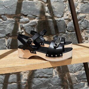 Miu Mu Black Leather Wood Clogs Studded Sandals